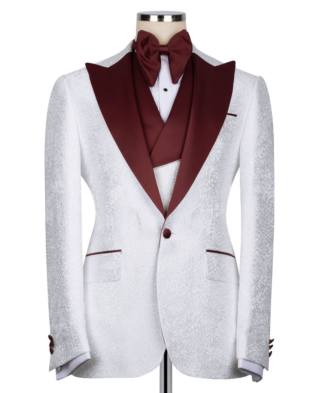 Burgundy blue collar white tuxedo