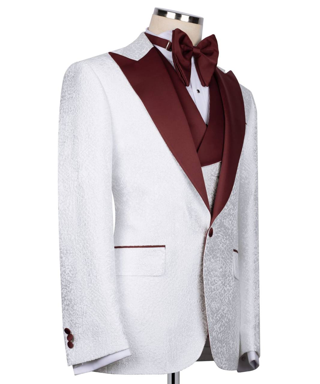 Burgundy blue collar white tuxedo