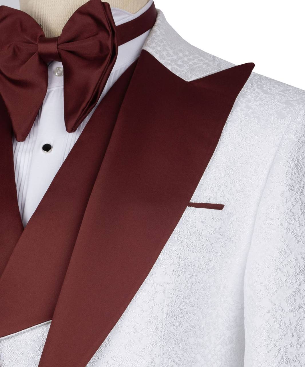 Burgundy blue collar white tuxedo