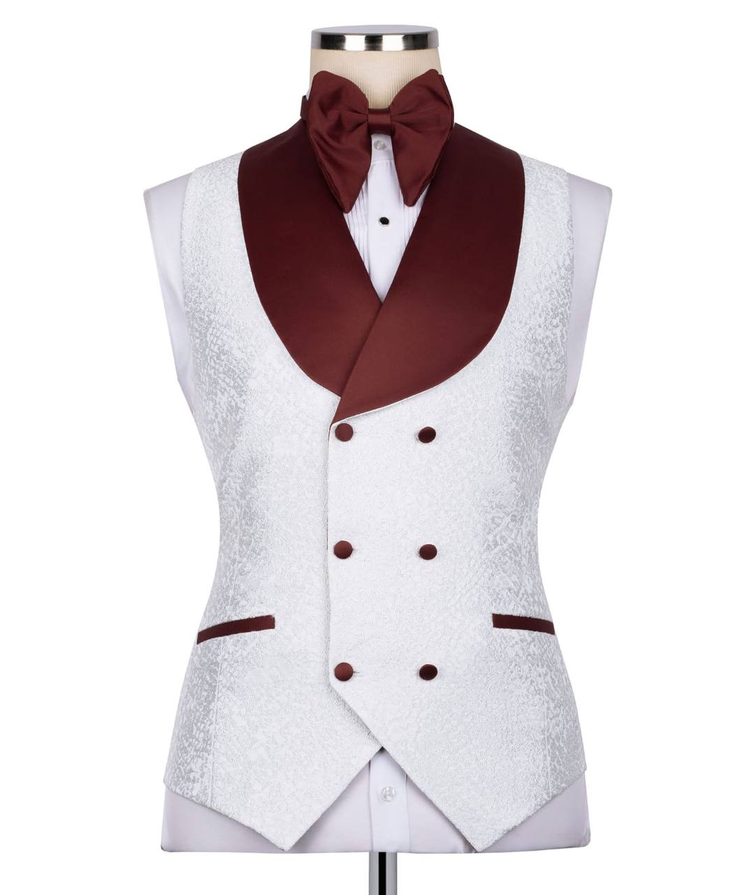 Burgundy blue collar white tuxedo