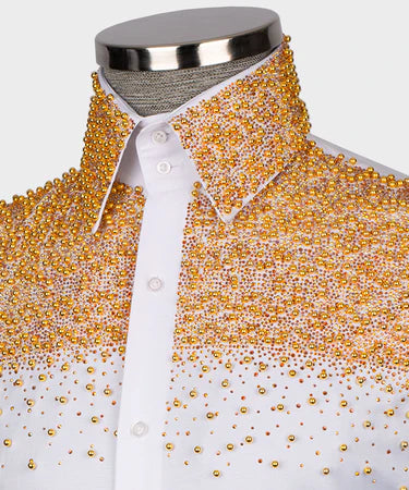 White Shirt - Gold Round Stone Embroidered