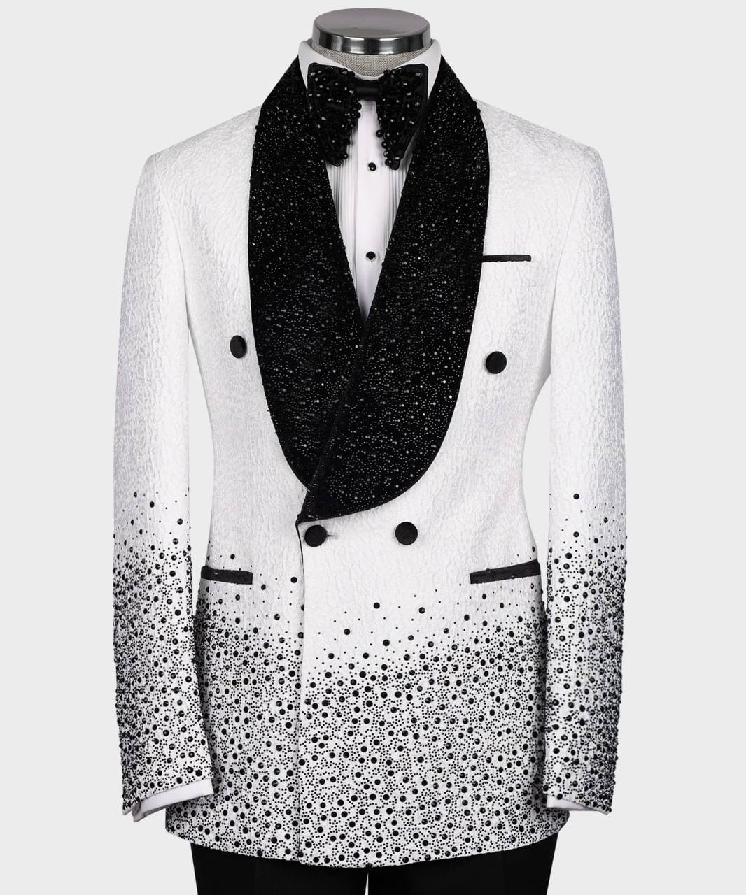 WHITE TUXEDO WITH BLACK STONE EMBROIDERED