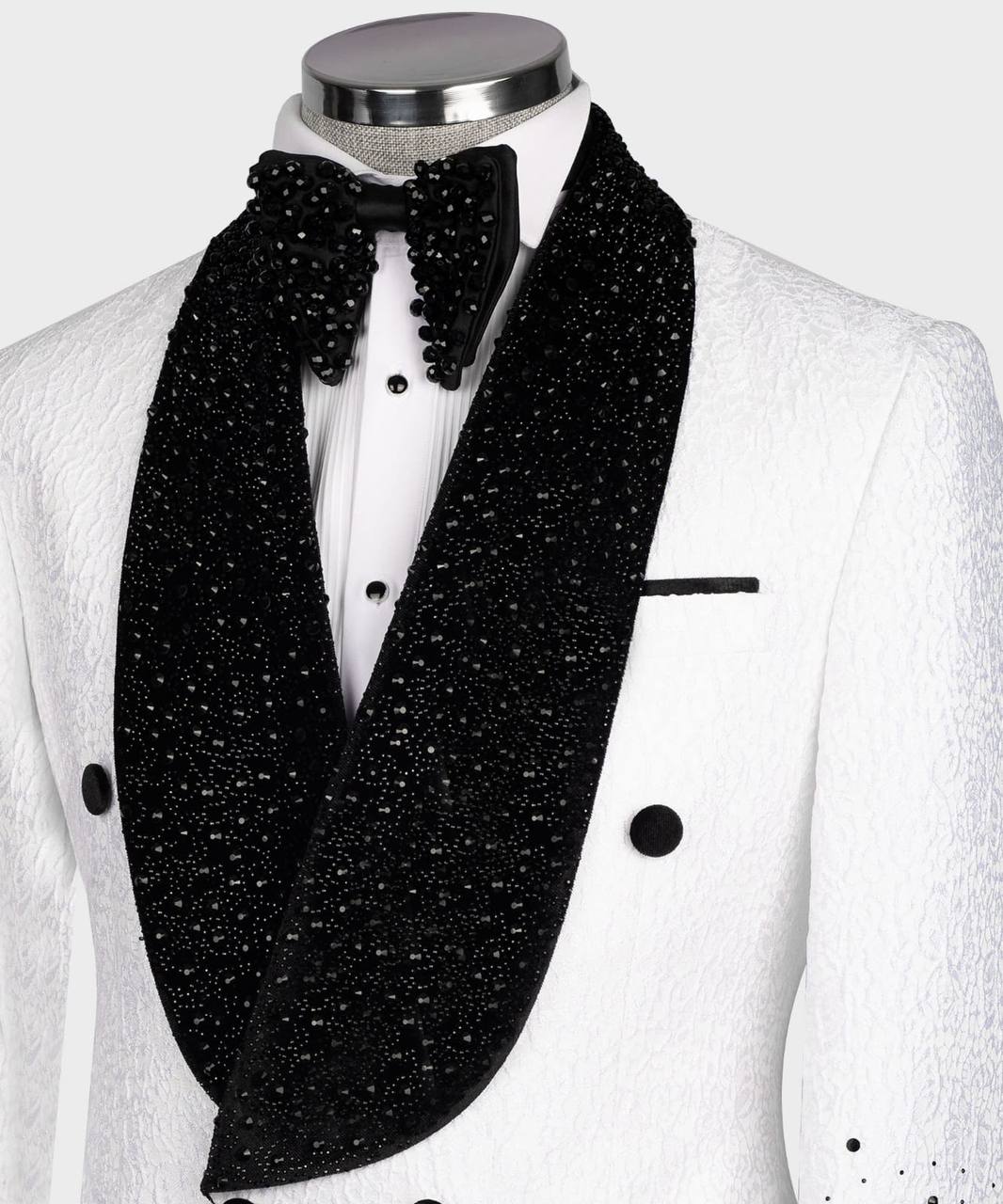 WHITE TUXEDO WITH BLACK STONE EMBROIDERED