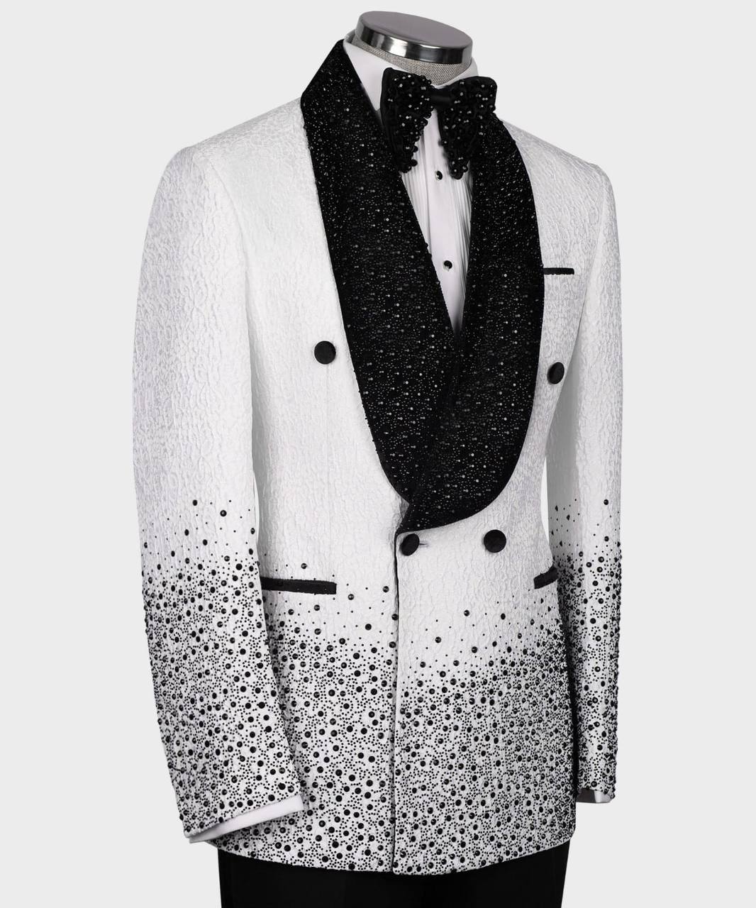 WHITE TUXEDO WITH BLACK STONE EMBROIDERED