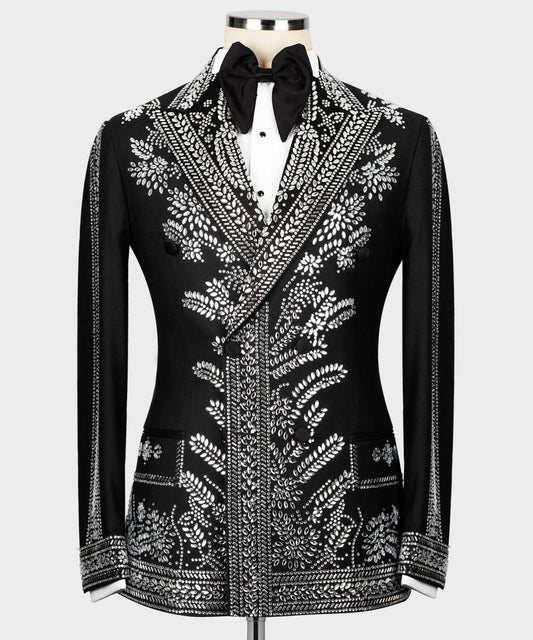 BLACK TUXEDO WITH SILVER STONE EMBROIDERY