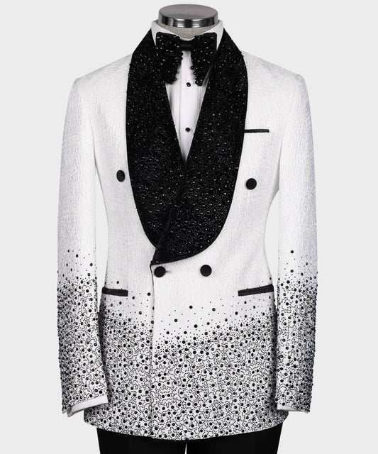 WHITE TUXEDO WITH BLACK STONE EMBROIDERED
